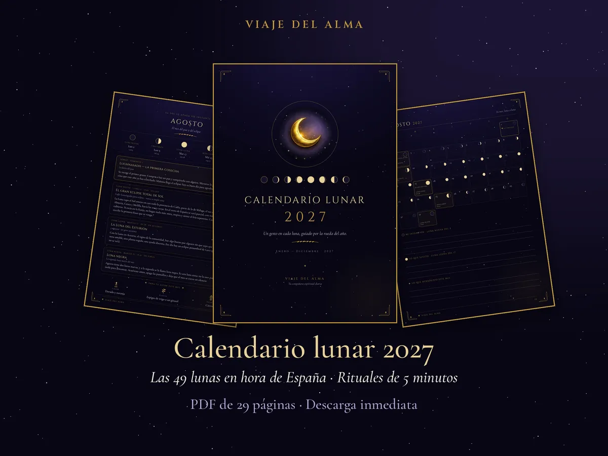 Portada del Calendario lunar 2027 de Viaje del Alma, con el logo y las fases de la Luna, junto a páginas interiores.