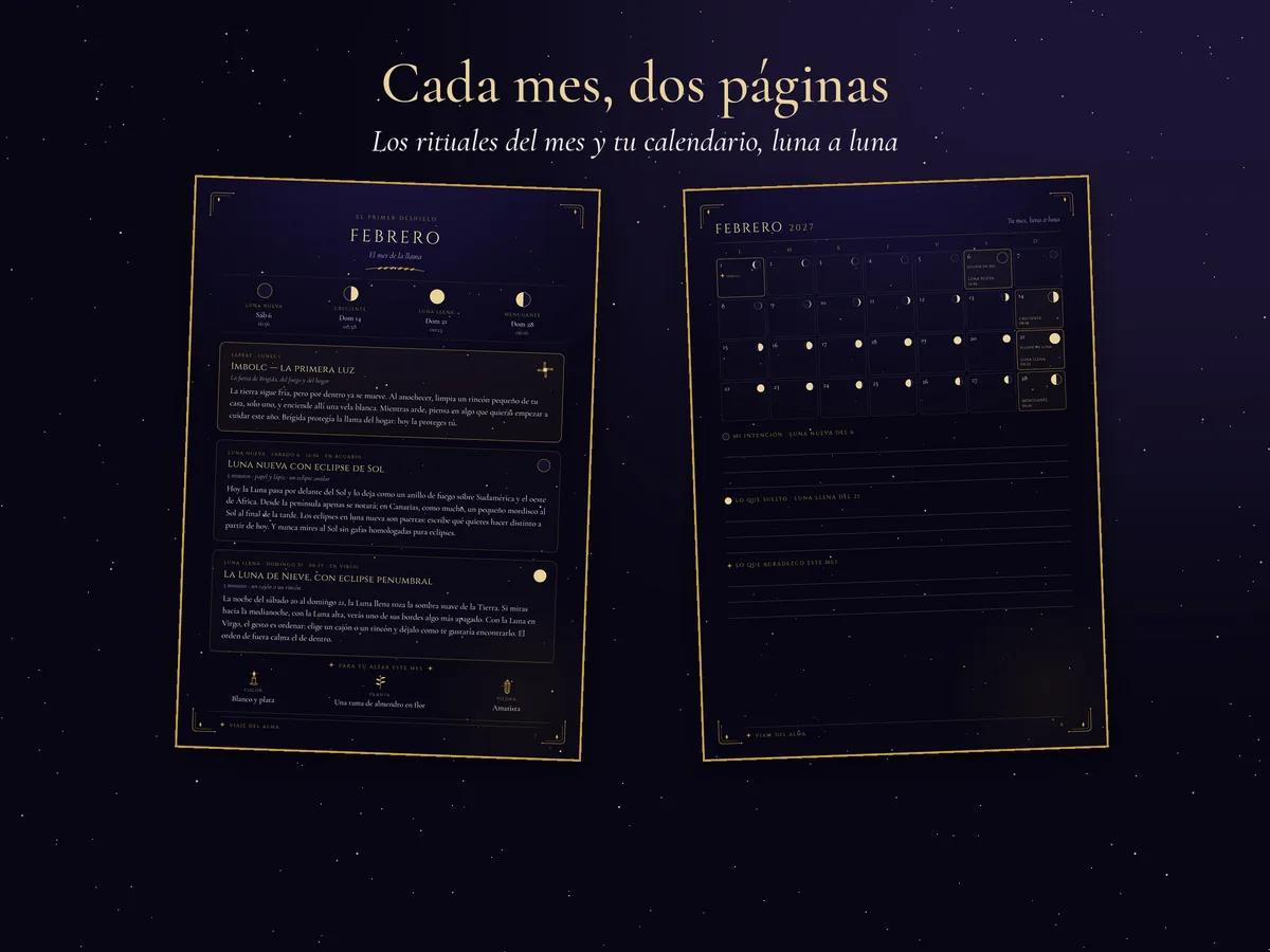 Las dos páginas de un mes: rituales de luna nueva y luna llena, el altar del mes y el mes luna a luna.