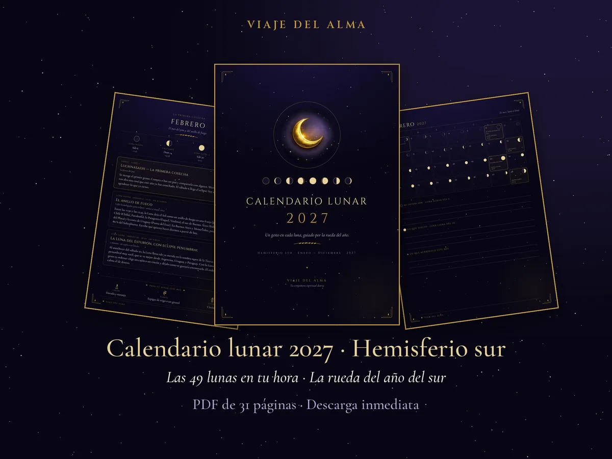 Portada del Calendario lunar 2027 para el hemisferio sur, junto a páginas interiores.